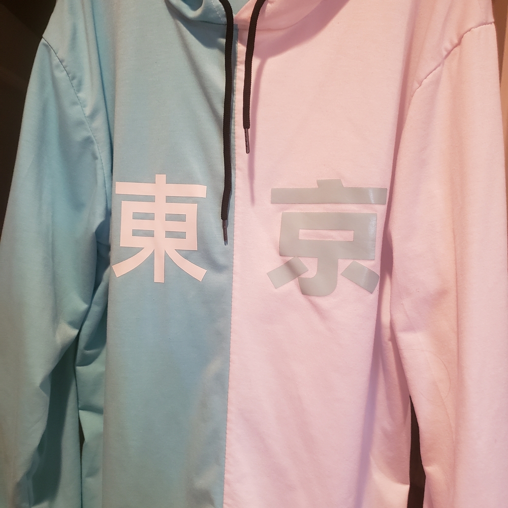 Blue and Pink Hoodie with Japanese Characters